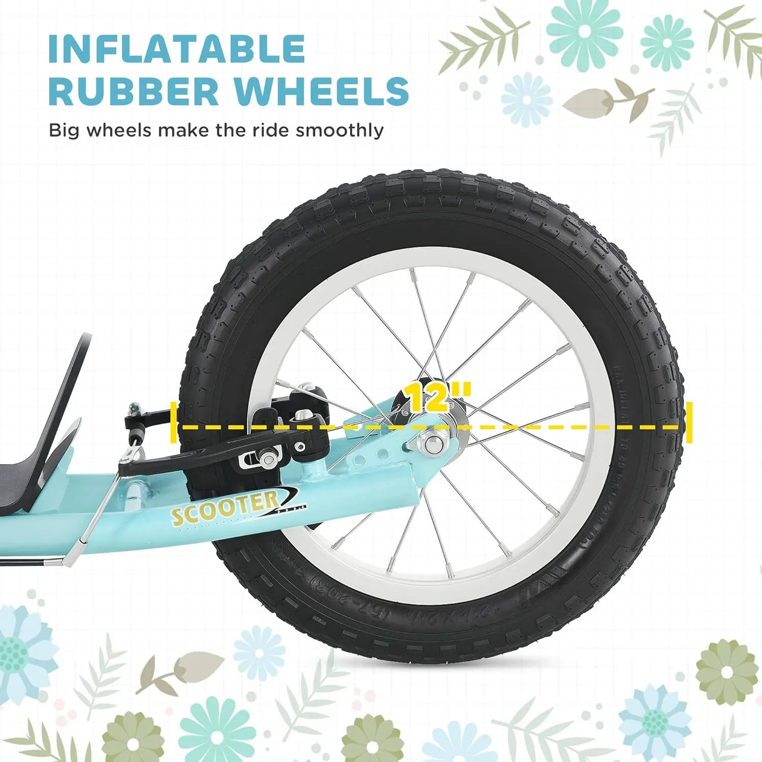 Aosom Youth Scooter Front and Rear Caliper Dual Brakes 12-Inch Inflatable Front Wheel Ride On Toy for Age 5 