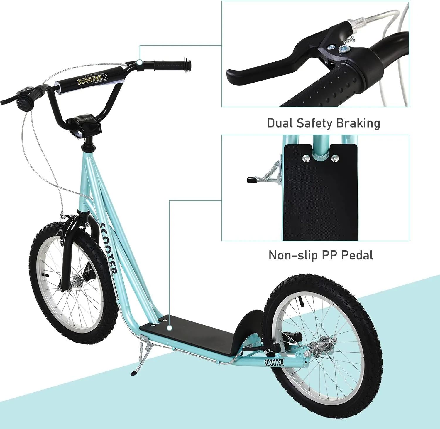 Aosom Youth Scooter Kick Scooter for Kids 5  with Adjustable Handlebar 16" Front and Rear Dual Brakes Inflatable Wheels