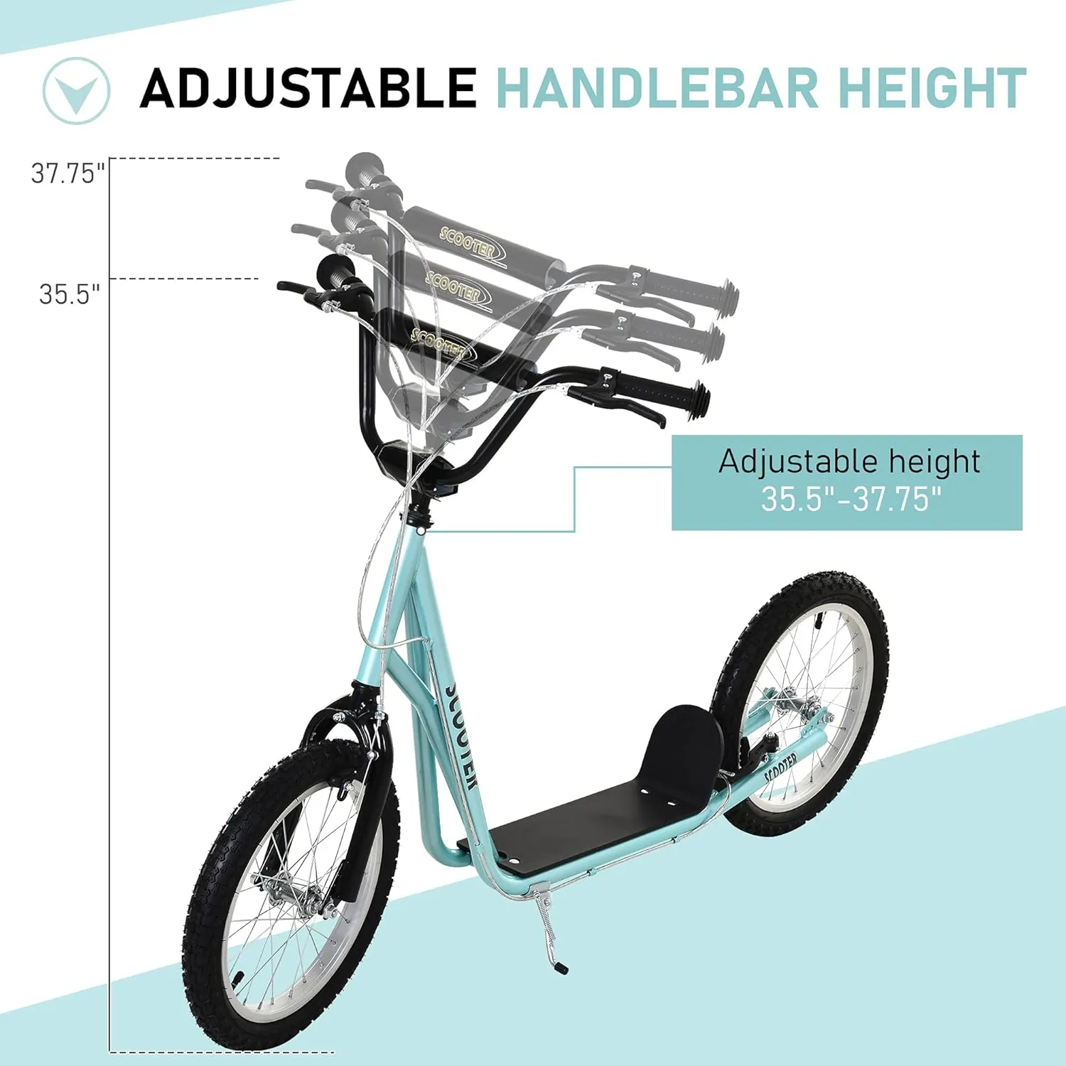 Aosom Youth Scooter Kick Scooter for Kids 5  with Adjustable Handlebar 16" Front and Rear Dual Brakes Inflatable Wheels