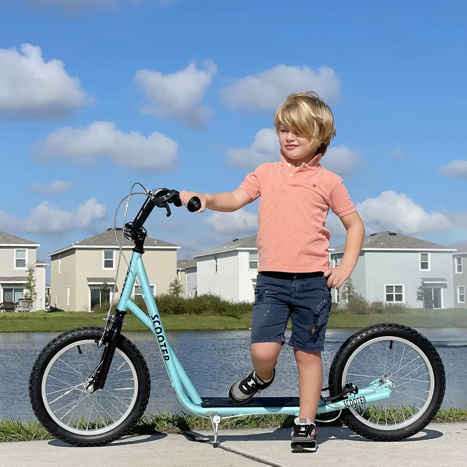 Aosom Youth Scooter Kick Scooter for Kids 5  with Adjustable Handlebar 16" Front and Rear Dual Brakes Inflatable Wheels