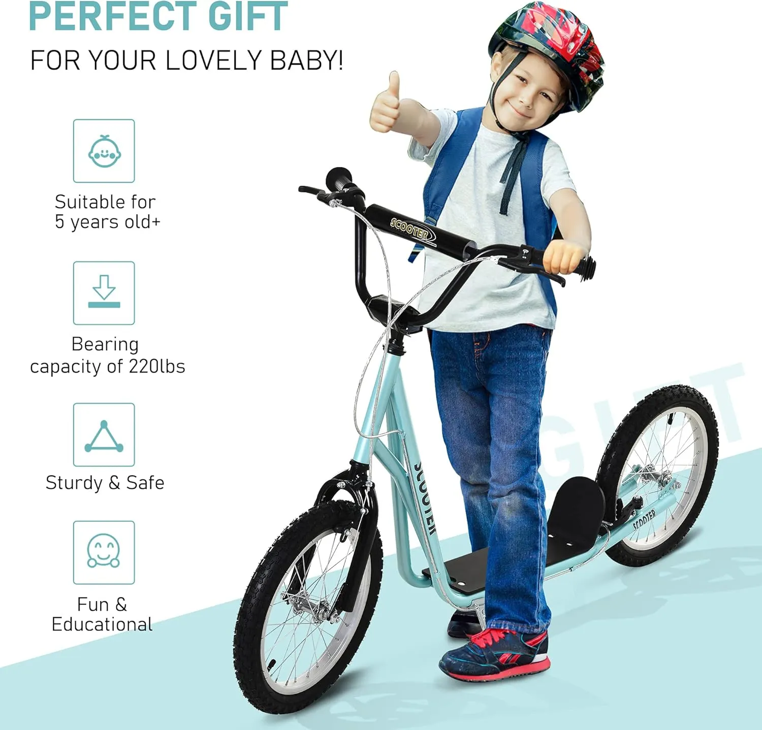 Aosom Youth Scooter Kick Scooter for Kids 5  with Adjustable Handlebar 16" Front and Rear Dual Brakes Inflatable Wheels