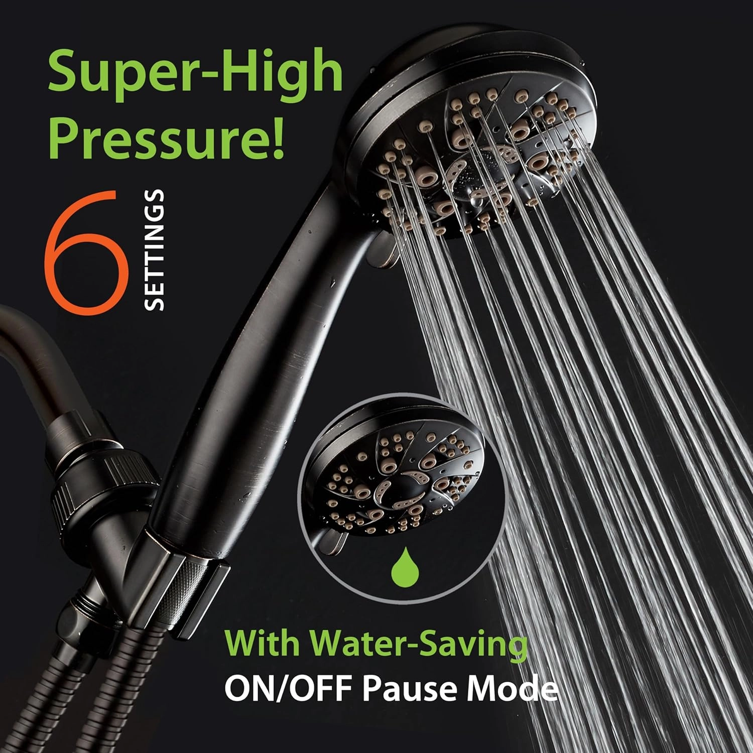 AquaDance For California High Pressure 6-Setting Oil Rubbed Bronze Face Handheld Shower with Hose for Ultimate Shower Experience! Officially Tested to Meet Strict US Quality & Performance Standards!