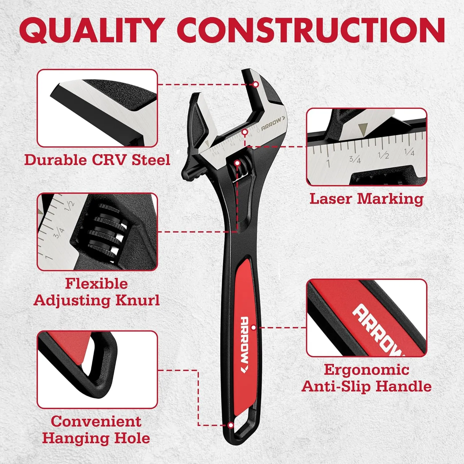 ARROW 2 PCS Adjustable Wrench Set, 8-Inch & 10-Inch Wrenches, Cr-V Steel, Wide Jaw Black Oxide Wrench with Inch/Metric Laser Scales, Non-Slip Grip & Hanging Hole, for Home, Garage, Workshop and DIY
