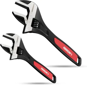 ARROW 2 PCS Adjustable Wrench Set, 8-Inch & 10-Inch Wrenches, Cr-V Steel, Wide Jaw Black Oxide Wrench with Inch/Metric Laser Scales, Non-Slip Grip & Hanging Hole, for Home, Garage, Workshop and DIY