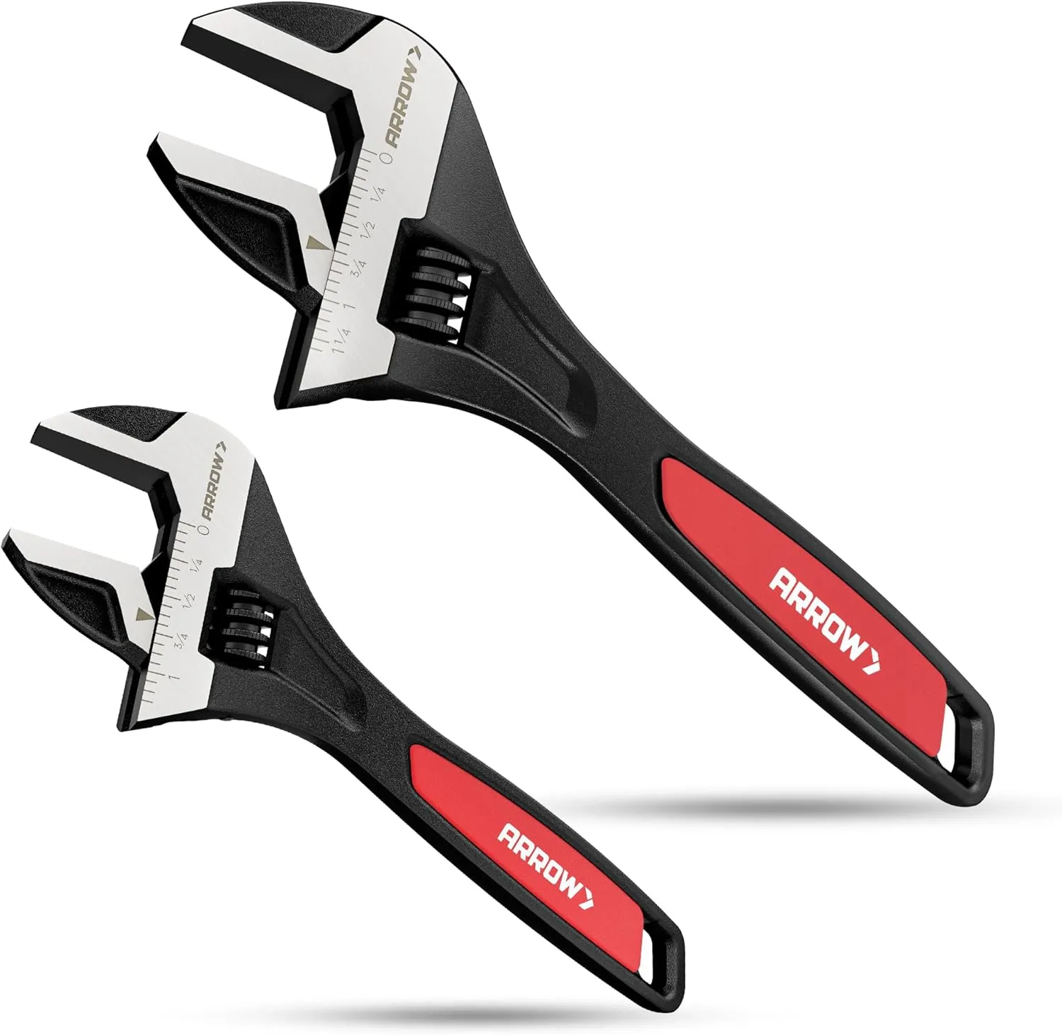 ARROW 2 PCS Adjustable Wrench Set, 8-Inch & 10-Inch Wrenches, Cr-V Steel, Wide Jaw Black Oxide Wrench with Inch/Metric Laser Scales, Non-Slip Grip & Hanging Hole, for Home, Garage, Workshop and DIY