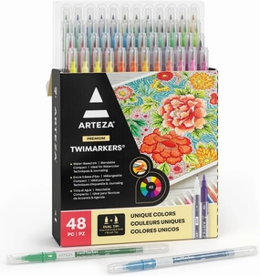 ARTEZA Dual Tip Brush Markers – Set of 48 Pens with Fine and Brush Tips, Water-Based Ink for Coloring, Sketching, Lettering & Journaling