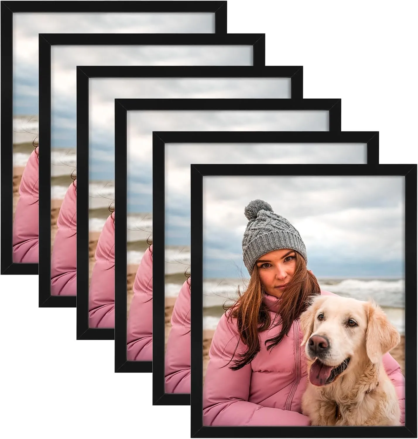 AUEAR 16x20 Picture Frames Set of 6, with Mat for 11x14 or 16x20 without Mat, Composite Wood Gallery Photo Frames with Plexiglass, Wall Mounting (Black)