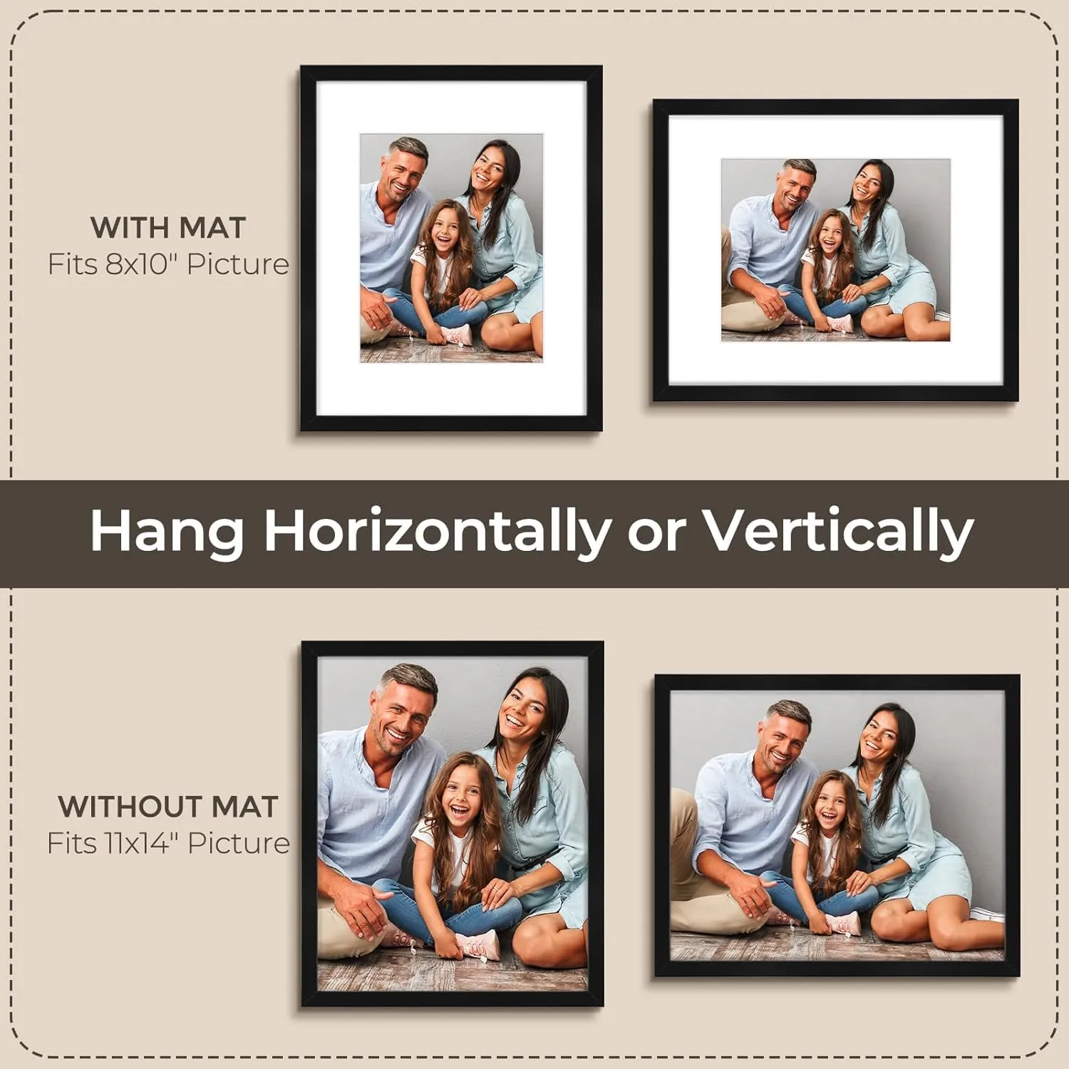 AUEAR 16x20 Picture Frames Set of 6, with Mat for 11x14 or 16x20 without Mat, Composite Wood Gallery Photo Frames with Plexiglass, Wall Mounting (Black)