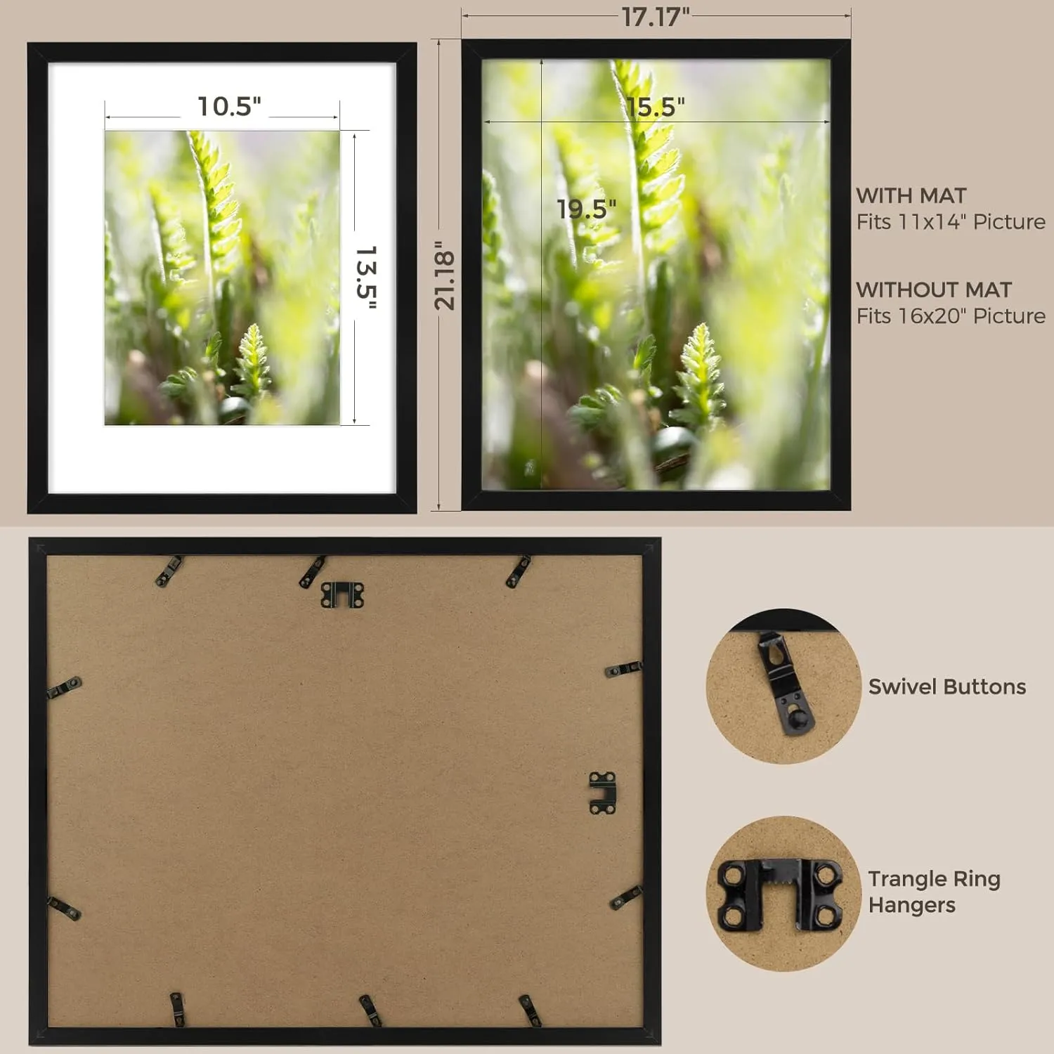 AUEAR 16x20 Picture Frames Set of 6, with Mat for 11x14 or 16x20 without Mat, Composite Wood Gallery Photo Frames with Plexiglass, Wall Mounting (Black)
