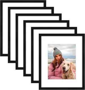 AUEAR 16x20 Picture Frames Set of 6, with Mat for 11x14 or 16x20 without Mat, Composite Wood Gallery Photo Frames with Plexiglass, Wall Mounting (Black)
