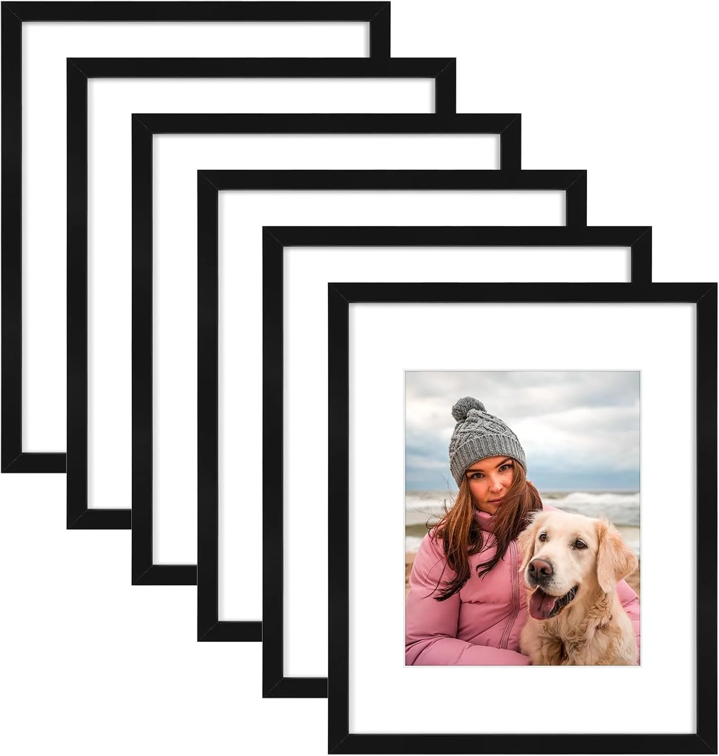 AUEAR 16x20 Picture Frames Set of 6, with Mat for 11x14 or 16x20 without Mat, Composite Wood Gallery Photo Frames with Plexiglass, Wall Mounting (Black)