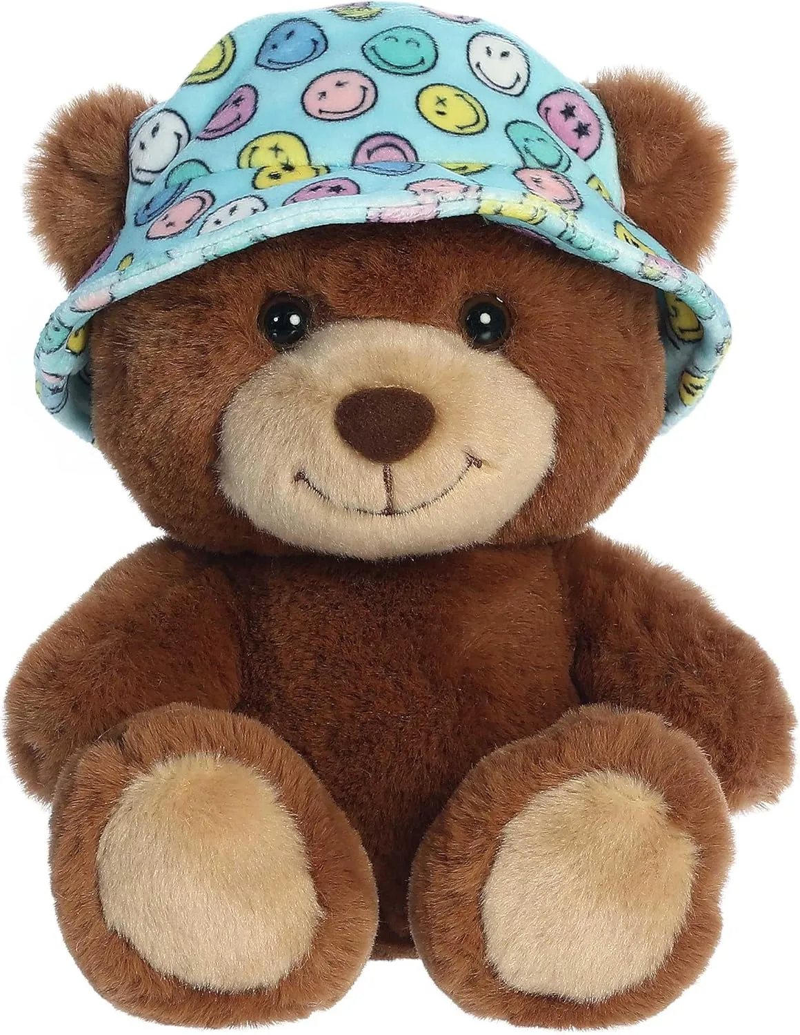 Aurora® Vibrant SmileyWorld® Bucket Hat Bear Stuffed Animal - Eye-Catching Designs - Whimsical Cuteness - Brown 8 Inches