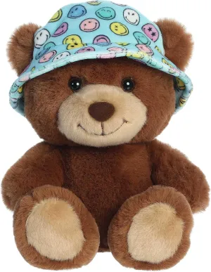 Aurora® Vibrant SmileyWorld® Bucket Hat Bear Stuffed Animal - Eye-Catching Designs - Whimsical Cuteness - Brown 8 Inches