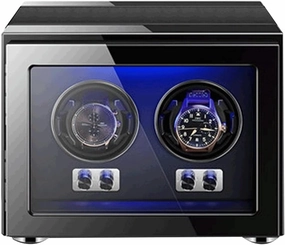 Automatic Watch Winder with Blue LED Light Quiet Motor Box Wooden Luxury Storage Case Can Be Used with Watches for Both Men & Women