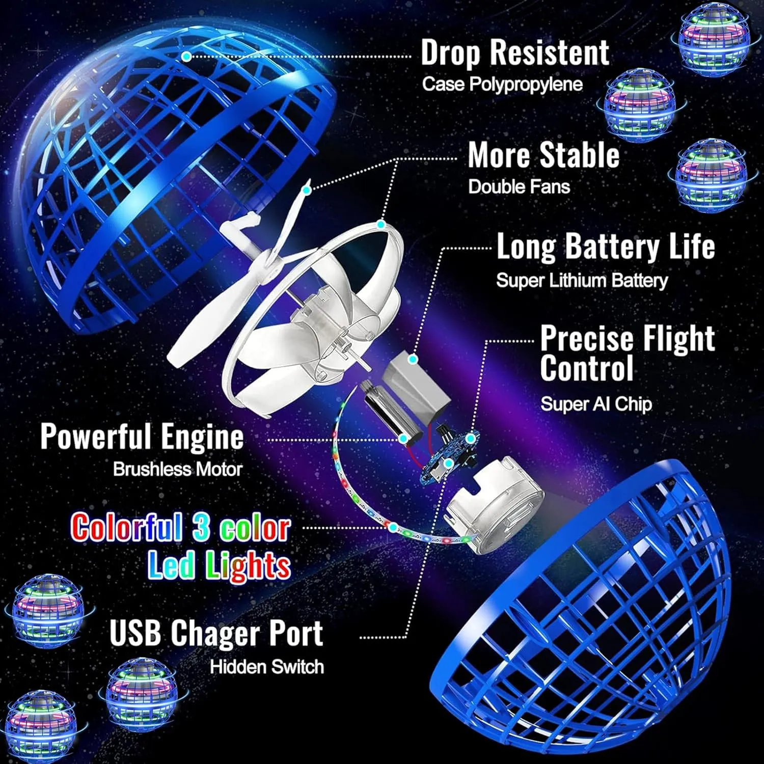 Awesome Flying Orb Ball Toy; Upgraded Gorgeous Boomerang Hover Galaxy Ball. Levitating Hand Controlled Orb. Cool Toys as Gifts for 6 7 8 9 10  Year Old Boys Girls & Adults. (Blue)