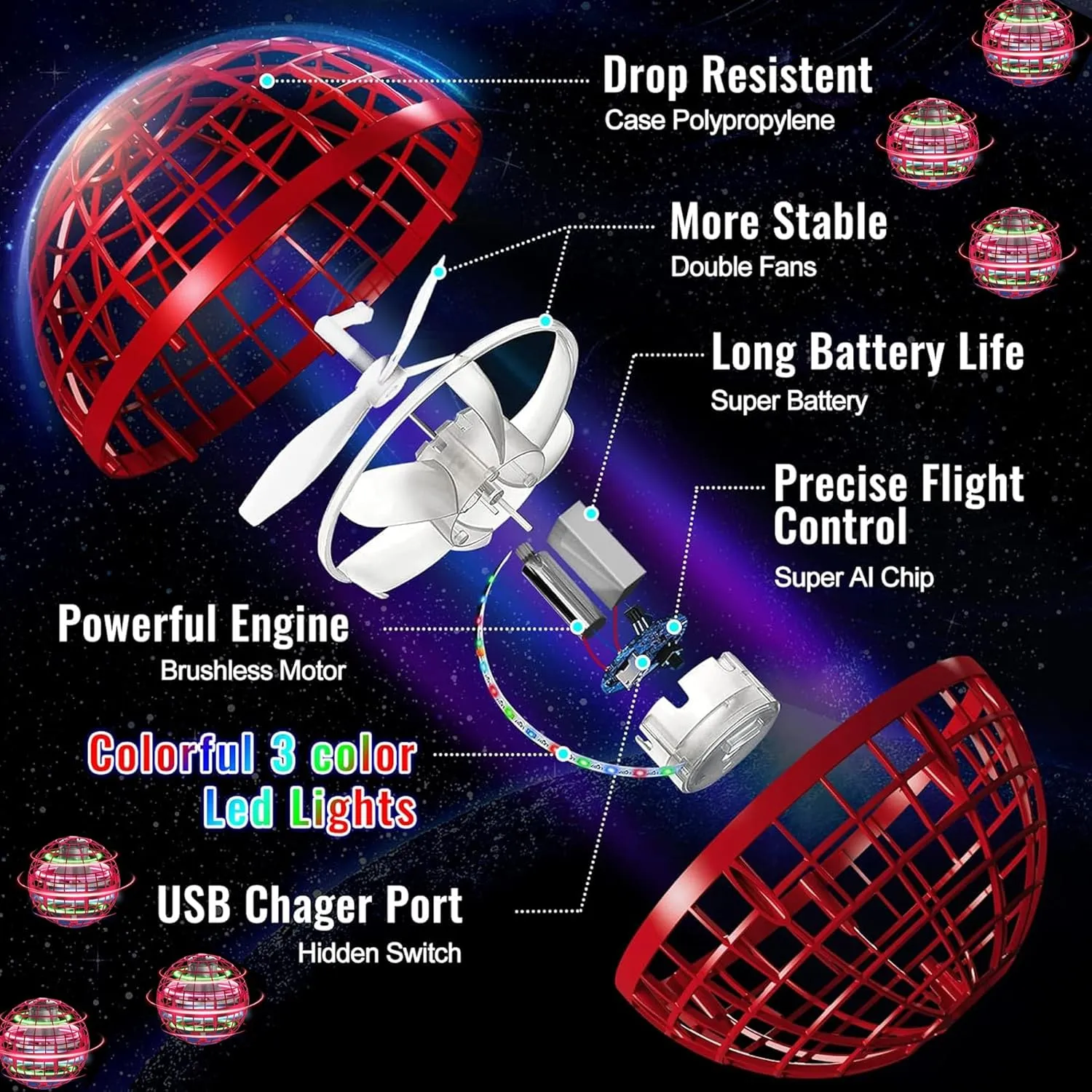 Awesome Flying Orb Ball Toy; Upgraded Gorgeous Boomerang Hover Galaxy Ball. Levitating Hand Controlled Orb. Cool Toys as Gifts for 6 7 8 9 10  Year Old Boys Girls & Adults. (Red)