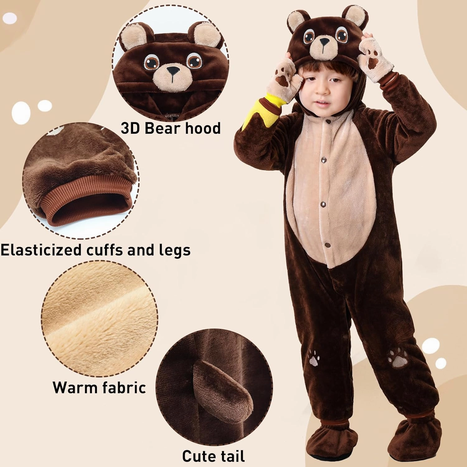 Baby Bear Onesie Toddler Animal Bodysuit Hooded with Claw Gloves Footwear Snowsuit Infant Jumpsuit Bear Costume