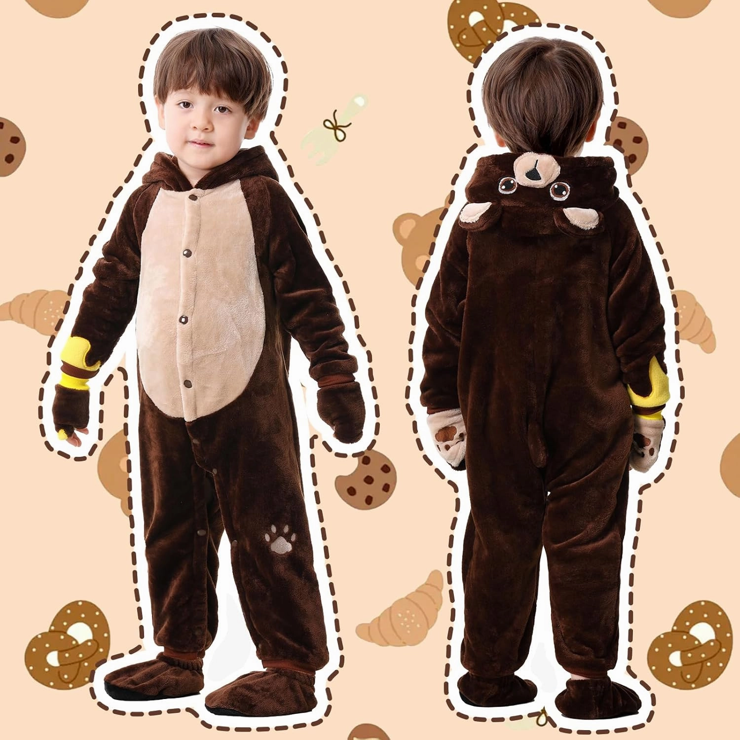 Baby Bear Onesie Toddler Animal Bodysuit Hooded with Claw Gloves Footwear Snowsuit Infant Jumpsuit Bear Costume