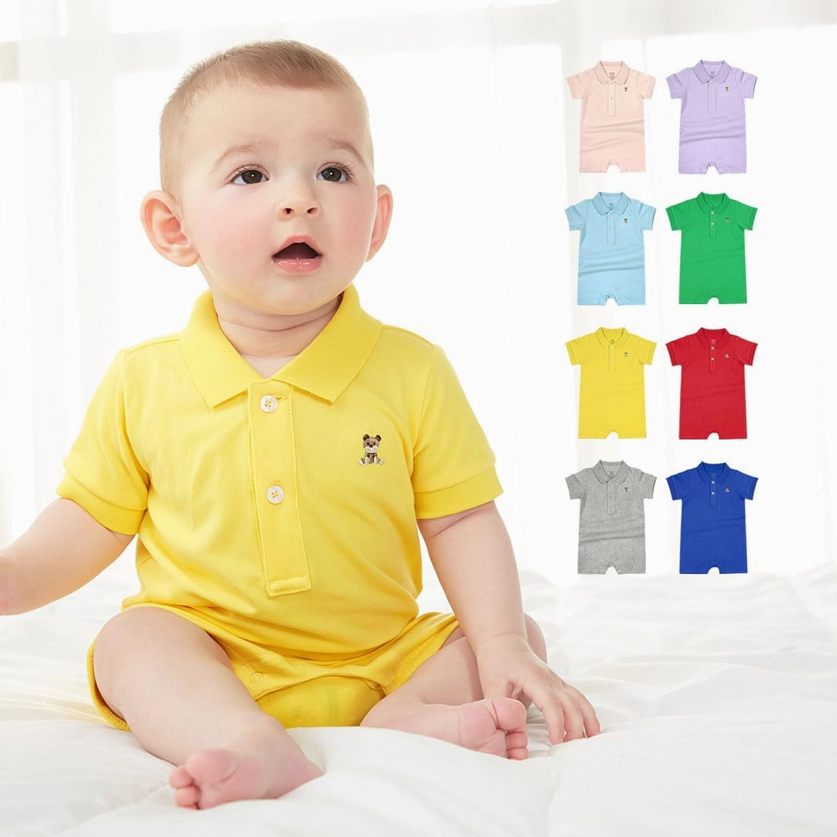 Baby Polo Romper Cotton Short Sleeve Embroidery Bear Jumpsuit 3-24 Months