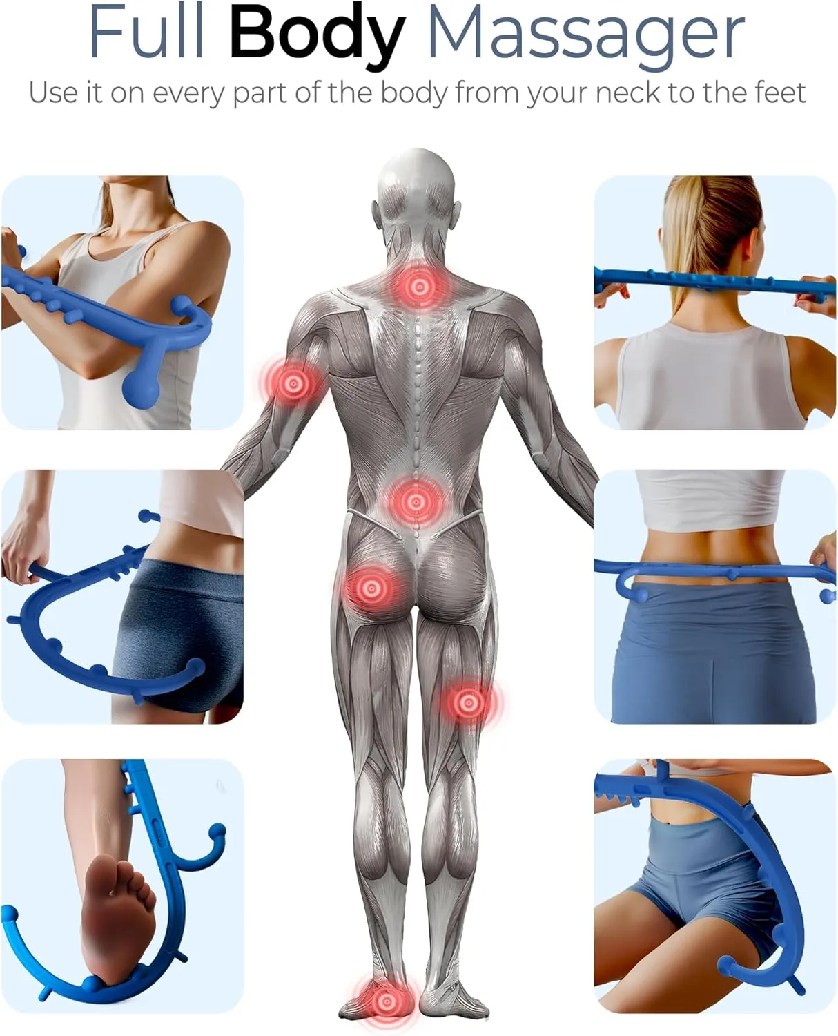 Back and Neck Massager for Pain Relief Deep Tissue, Upgraded Full Body Trigger Point Cane Massage Tools, Massage Stick Pressure Point Hook, Muscle Knot Remover Tool (Blue)