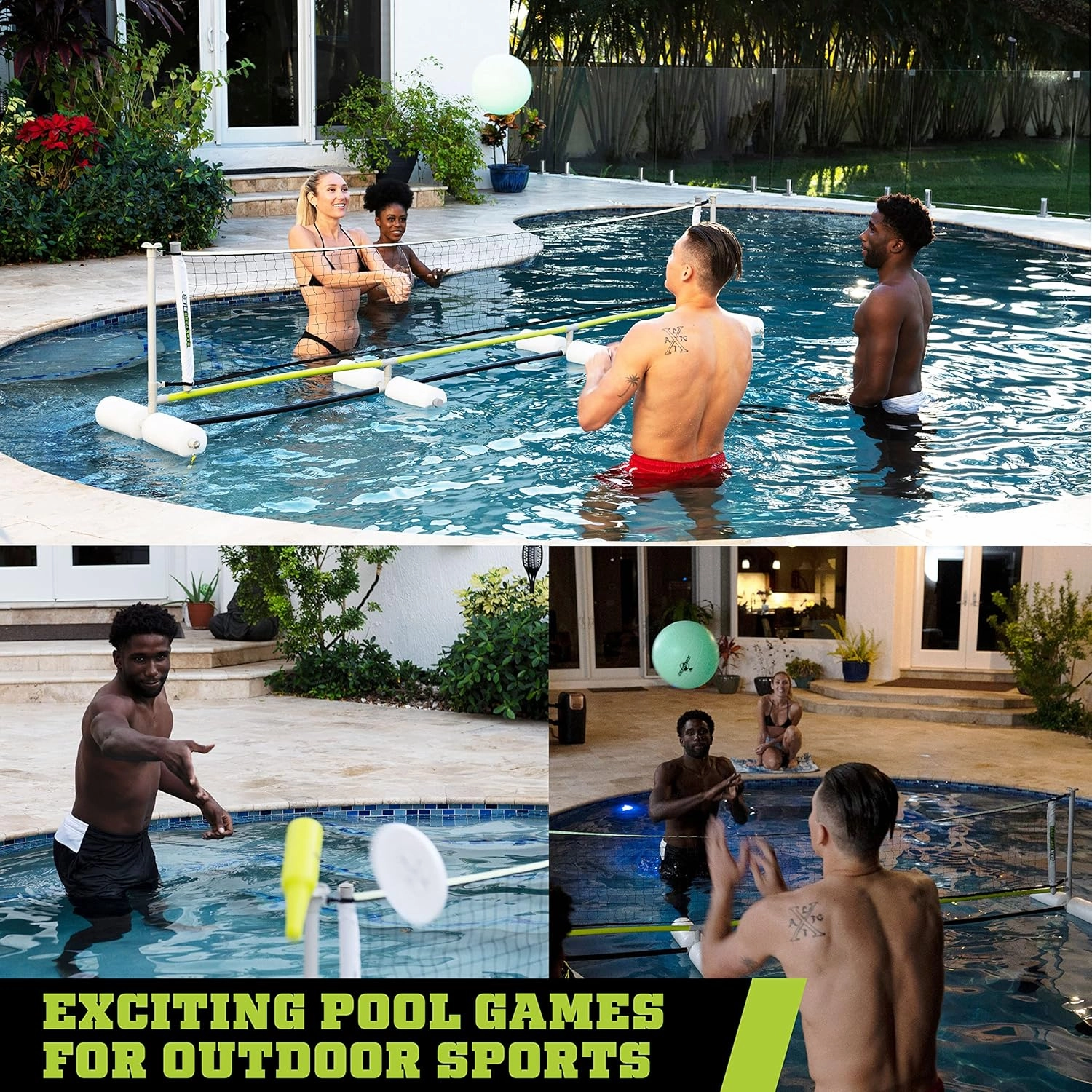 Backyard Hero Glow-in-The-Dark Pool Volleyball Game Set, 120” - Flying Disc, Bottles for Target Game - Summer Toys and Pool Toys for Adults and Family, White/Gray/Green (SU100Y22005)