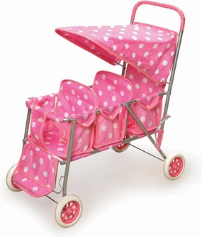 Badger Basket Triple Doll Stroller for Dolls - Lightweight and Foldable Toy Pram with Canopy - Fun Pretend Play for Kids in Stylish Pink with Polka Dots