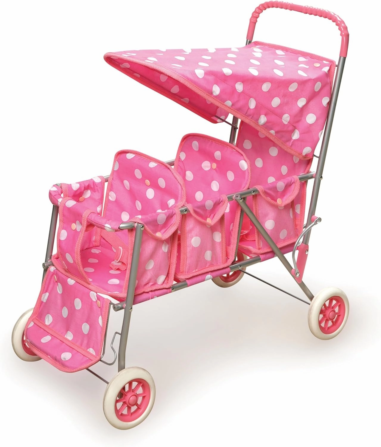 Badger Basket Triple Doll Stroller for Dolls - Lightweight and Foldable Toy Pram with Canopy - Fun Pretend Play for Kids in Stylish Pink with Polka Dots