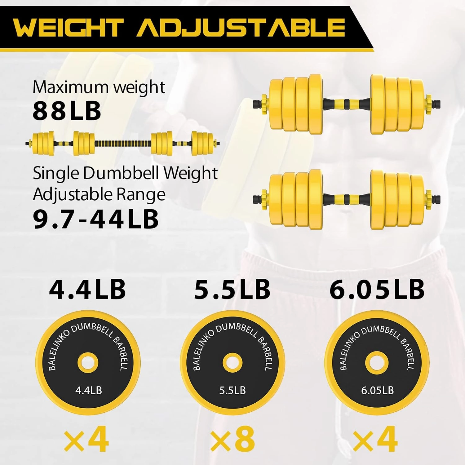 Balelinko Adjustable Barbell, Adjustable Dumbbells Weight Set, Multifunction Weights 2-in-1 Dumbbell Barbell Set, Non-Slip Neoprene Hand, All-Purpose, Home, Gym, Office