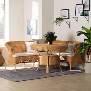 bali & pari Keitha 3-Piece Rattan Dining Nook Set with Scalloped Edges, Light Honey