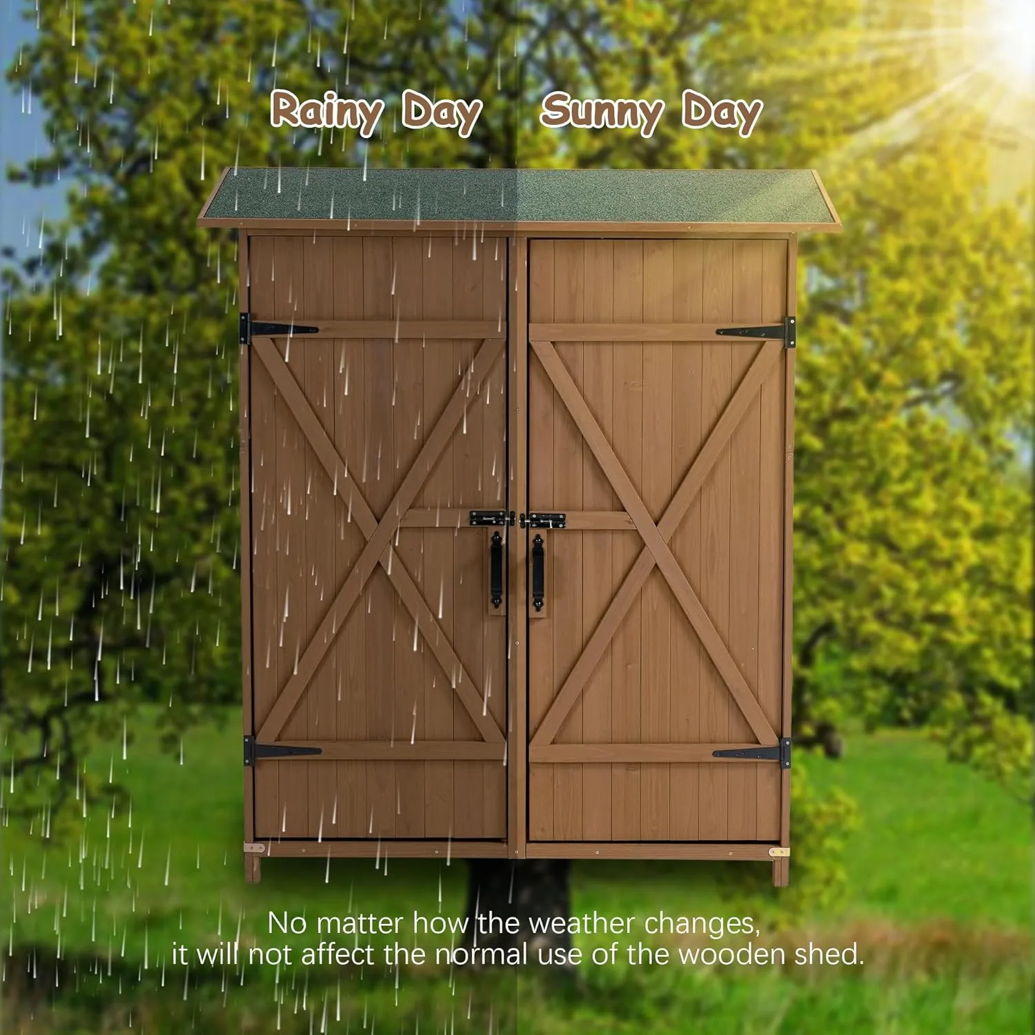 Ball & Cast 64" Fir Wood Outdoor Storage Shed with Lockable Door and Detachable Shelves,Weatherproof Tool Shed w/Pitch Roof,Shelter House for Pool Supplies Lawn Maintenance Equipment,Yellow Brown
