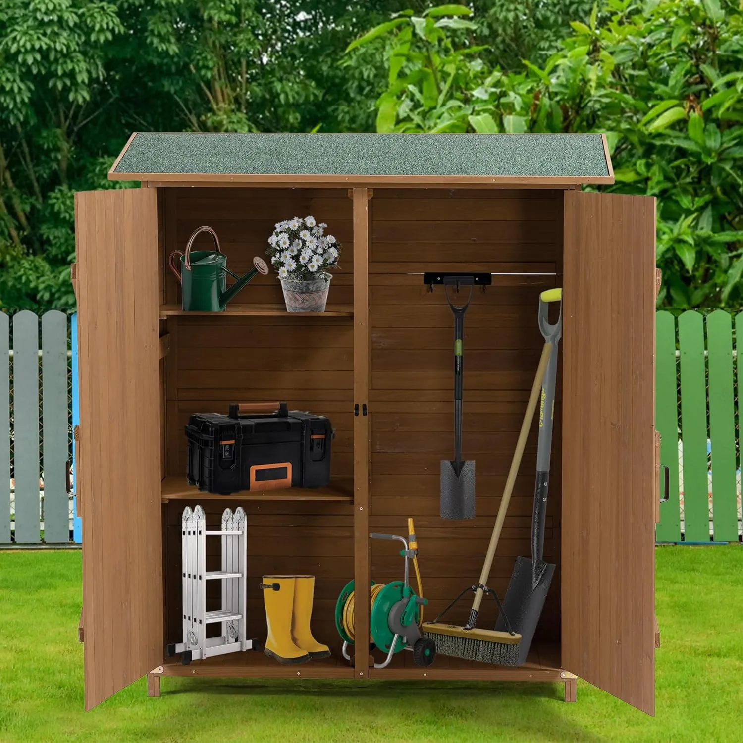 Ball & Cast 64" Fir Wood Outdoor Storage Shed with Lockable Door and Detachable Shelves,Weatherproof Tool Shed w/Pitch Roof,Shelter House for Pool Supplies Lawn Maintenance Equipment,Yellow Brown