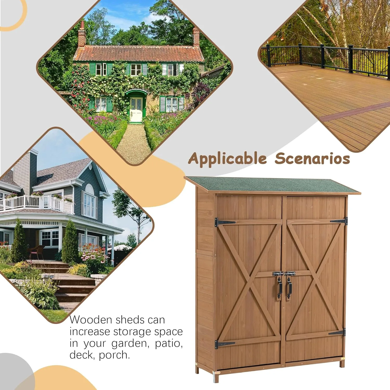 Ball & Cast 64" Fir Wood Outdoor Storage Shed with Lockable Door and Detachable Shelves,Weatherproof Tool Shed w/Pitch Roof,Shelter House for Pool Supplies Lawn Maintenance Equipment,Yellow Brown