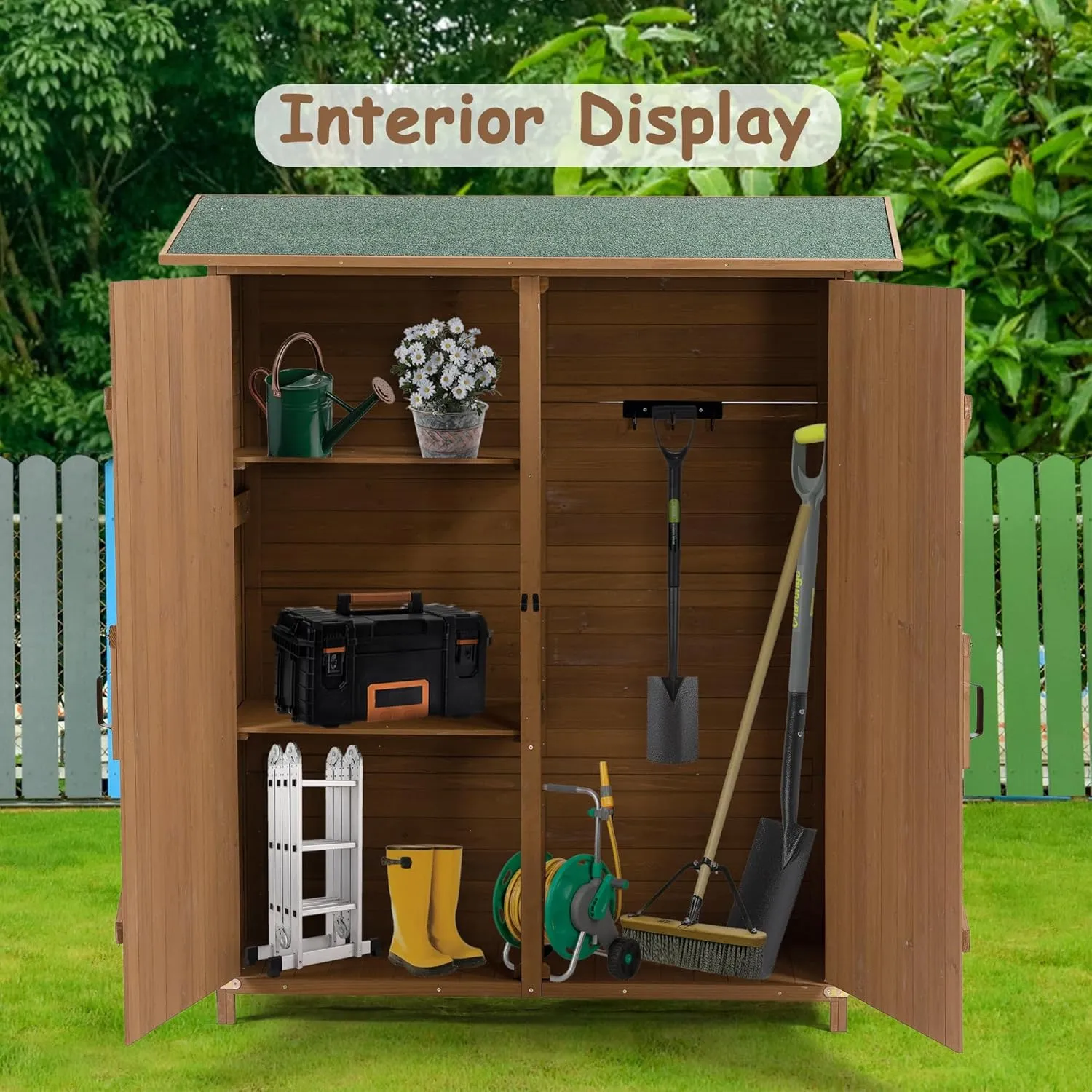 Ball & Cast 64" Fir Wood Outdoor Storage Shed with Lockable Door and Detachable Shelves,Weatherproof Tool Shed w/Pitch Roof,Shelter House for Pool Supplies Lawn Maintenance Equipment,Yellow Brown