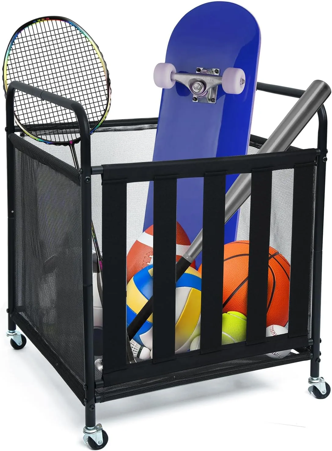 Ball Storage Cart, Sports Equipment Organizer with Wheels, Storing Volleyball, Basketball, Soccer and Baseball, Lockable Rolling Sports Ball Storage for Garage, Playgroup and Gym