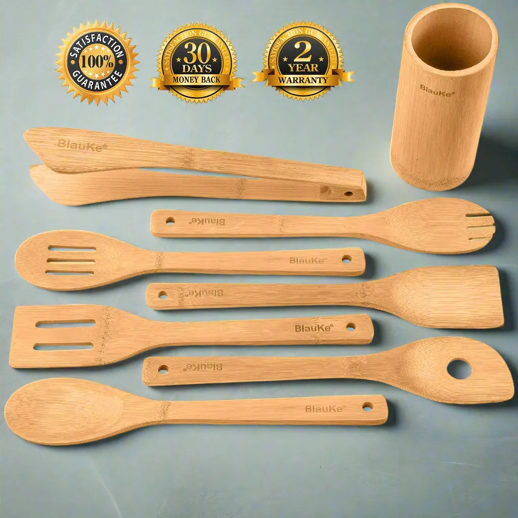 Bamboo Kitchen Utensils Set 8-Pack - Wooden Cooking Utensils