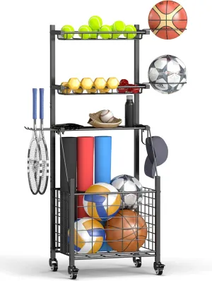 Baoz Garage Sports Equipment Organizer, Golf Organizer for Garage with Lockable Wheels, Updated 4 Layers Heavy Duty Sports Storage Cart, Rolling Ball Storage Rack for Volleyball Basketball Baseball