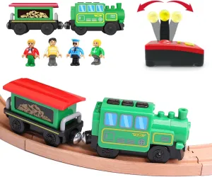 Battery Operated Train Set for Wooden Train Track,Electric Magnetic Locomotive Train Set Remote Control Train Vehicles Toy with Figures for Toddlers