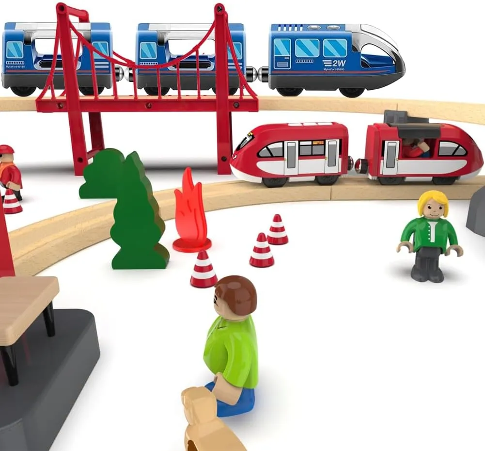 Battery Operated Wooden Train Track Set Toy High Speed for Toddlers 3 4 5 Years Old Boys Kids Magnetic Couplings City Vehicle with Figures