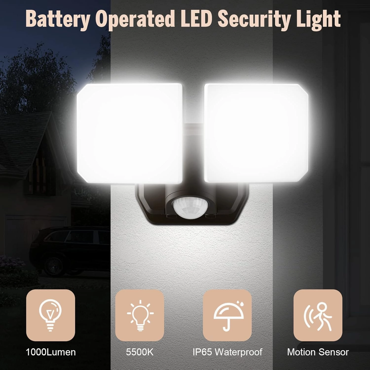 Battery Powered Motion Sensor Security Light(2 Pack),5000K 1000LM High Brightness,6 -Month Battery Life,No Wiring Installation,49FT Sensing Distance,Indoors or Outdoor Used