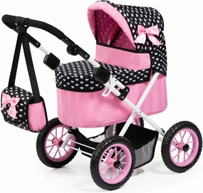 Bayer Design Dolls: Trendy Pram - Hearts Black & Pink - Includes Matching Shoulder Bag, for Dolls Up to 18", Foldable, Kids Pretend Play Toy, Ages 3 
