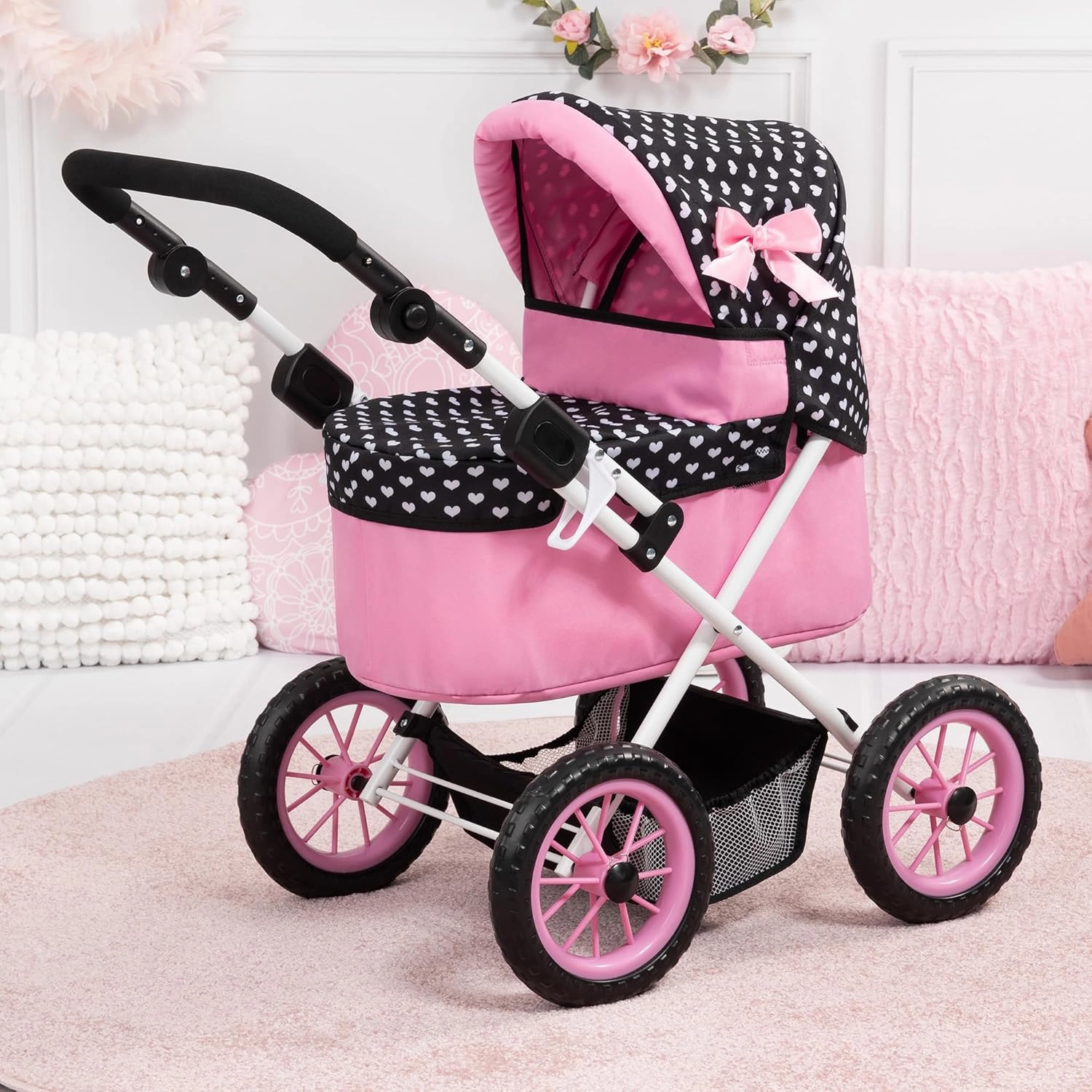 Bayer Design Dolls: Trendy Pram - Hearts Black & Pink - Includes Matching Shoulder Bag, for Dolls Up to 18", Foldable, Kids Pretend Play Toy, Ages 3 