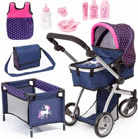 Bayer Dolls: Pram Mega Set, Easily Adaptable to Your Child's Height, Pram is Suitable for Dolls up to 18", Sleeping Bag & Travel Bag Suitable for Dolls Up to 16"