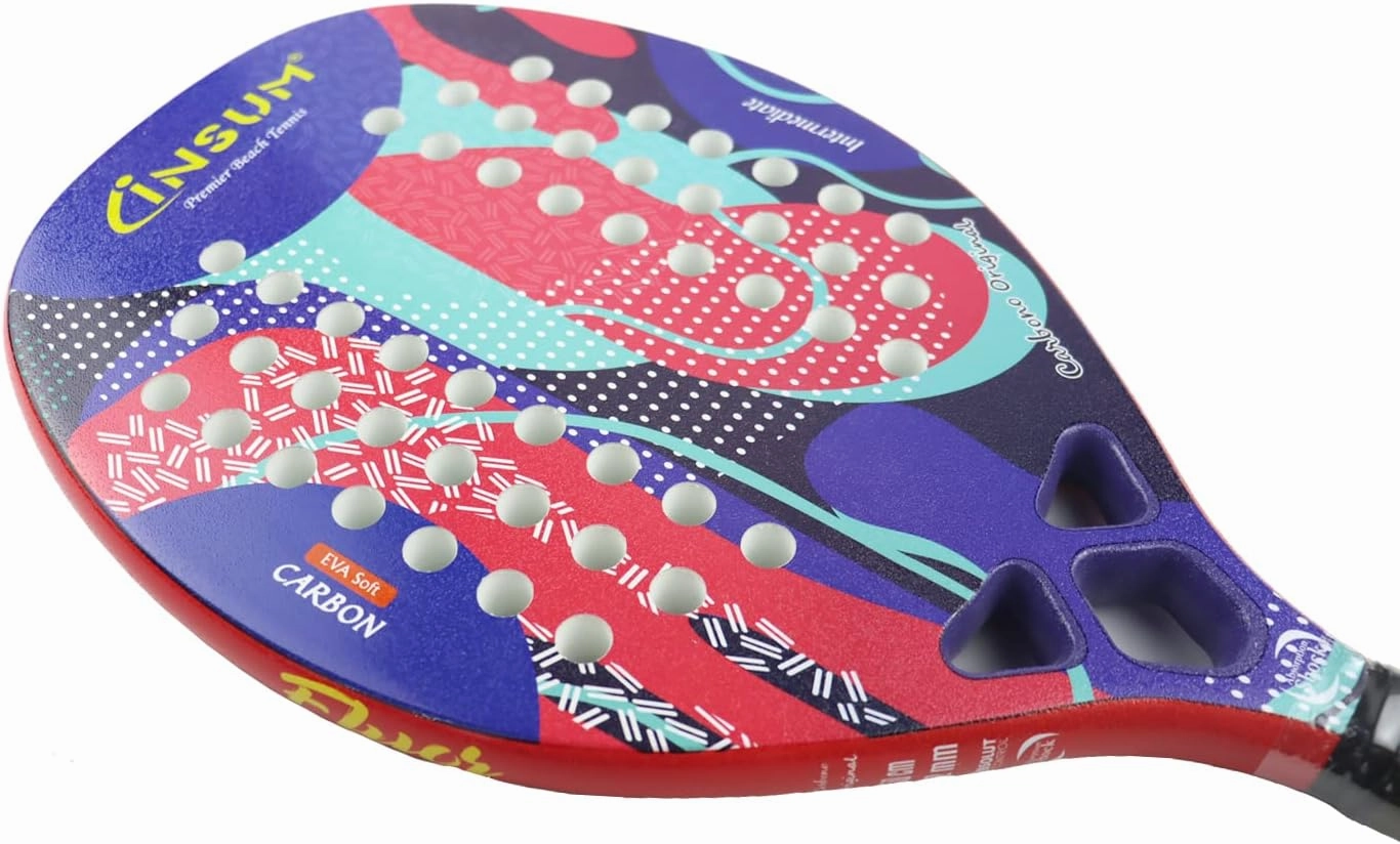 Beach Tennis Racket Carbon Fiber Surface with Sand Grit Print, Lightweight EVA Soft Racquet, with Cover Bag for Carry