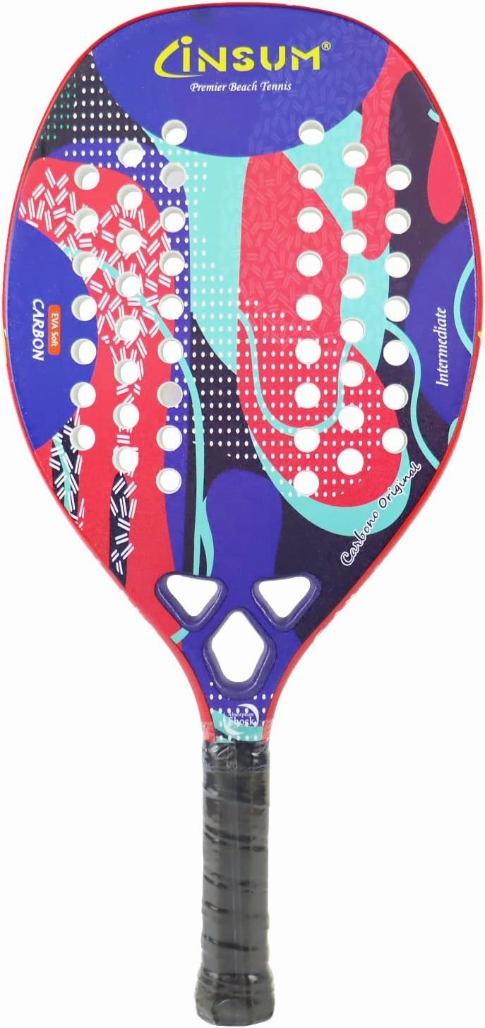 Beach Tennis Racket Carbon Fiber Surface with Sand Grit Print, Lightweight EVA Soft Racquet, with Cover Bag for Carry