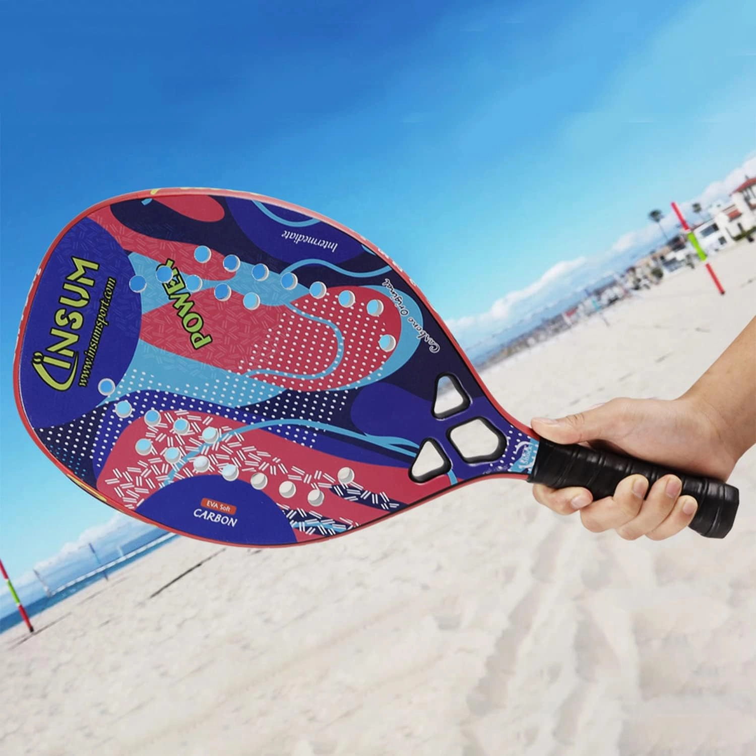 Beach Tennis Racket Carbon Fiber Surface with Sand Grit Print, Lightweight EVA Soft Racquet, with Cover Bag for Carry