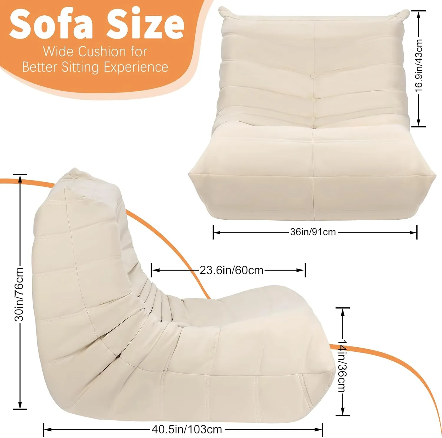 Bean Bag Chair for Adults, Oversized Fireside Chair Comfy Lazy Floor Sofa, Single Seat Couch Memory Foam Bean Bag Sofa for Living Room, Bedroom Apartment Office (Beige)