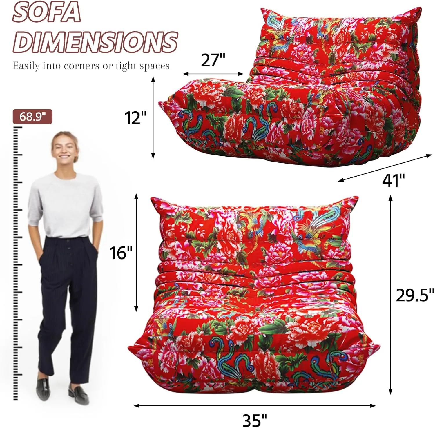 Bean Bag Chairs for Adults, Memory Foam Couch Single Sofa Chair, Soft Teddy Material Cozy Comfy Reading Nook Chairs, Floor Chair for Living Room Bedroom Office