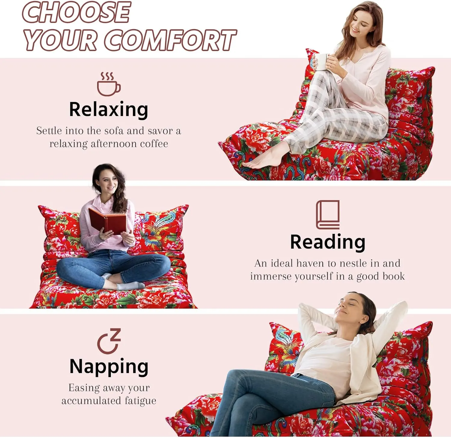Bean Bag Chairs for Adults, Memory Foam Couch Single Sofa Chair, Soft Teddy Material Cozy Comfy Reading Nook Chairs, Floor Chair for Living Room Bedroom Office