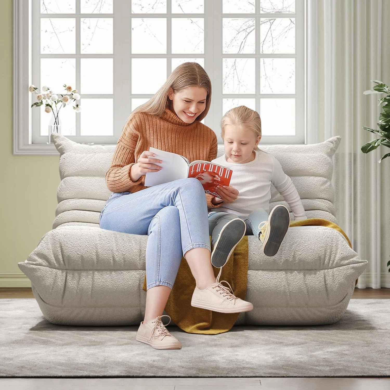 Bean Bag Chairs for Adults, BeanBag Reading Chair Memory Foam Couch, Floor Chair Soft Teddy Material, Comfy Reading Nook Chairs for Bedroom Living Room Office(Beige)