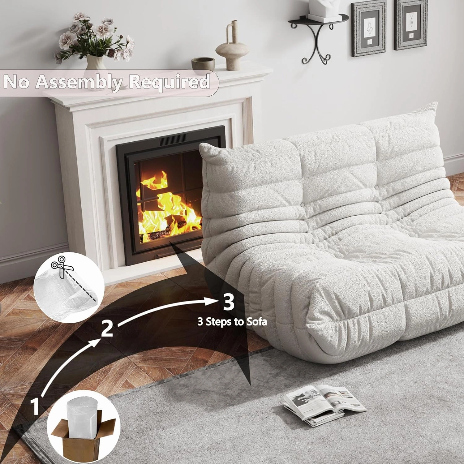 Bean Bag Chairs for Adults, BeanBag Reading Chair Memory Foam Couch, Floor Chair Soft Teddy Material, Comfy Reading Nook Chairs for Bedroom Living Room Office(Beige)